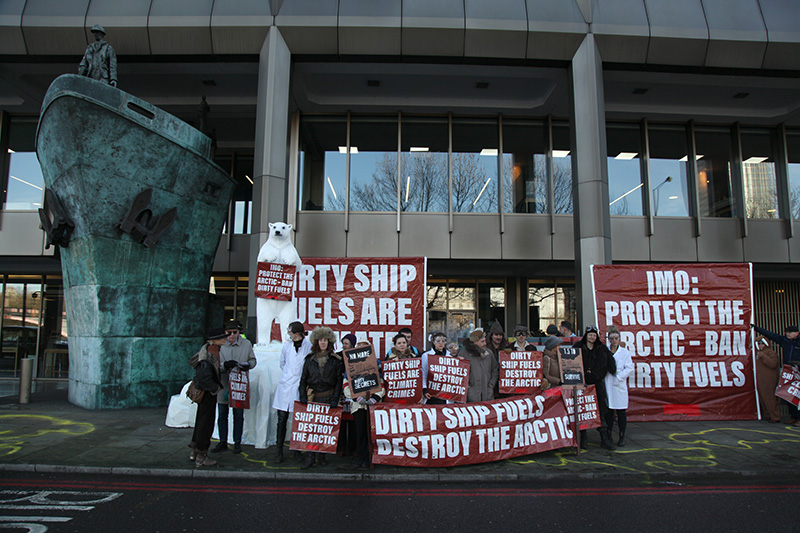 Protest Against heavy fuel oil use in the Arctic oustide the International Maritime Organisation, London, February 2020